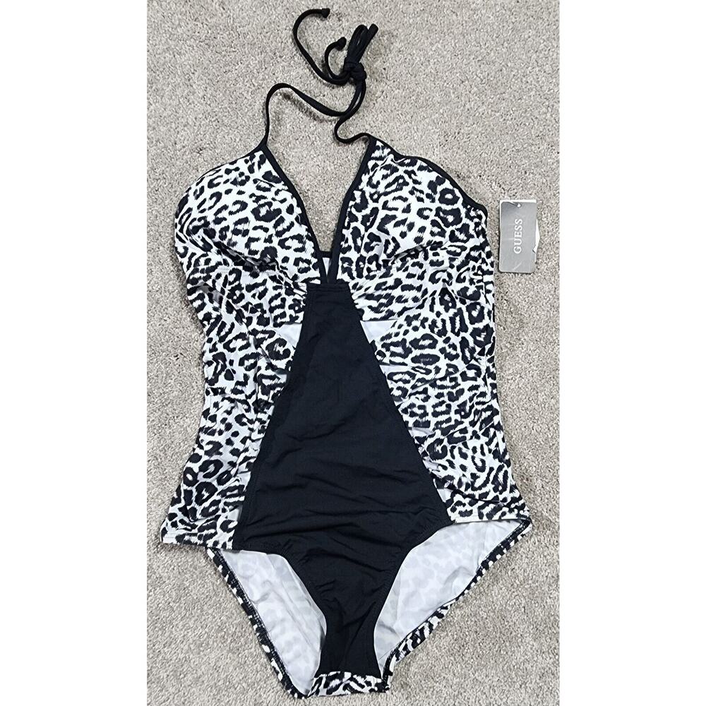 Guess One Piece Halter Swimsuit M Leopard Print Glam Bombshell Vacation Resort